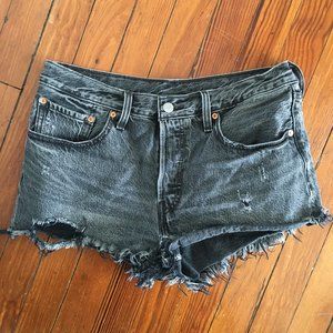 Levi's 501 Button High Waist Black Distressed Destroyed Jean Shorts
